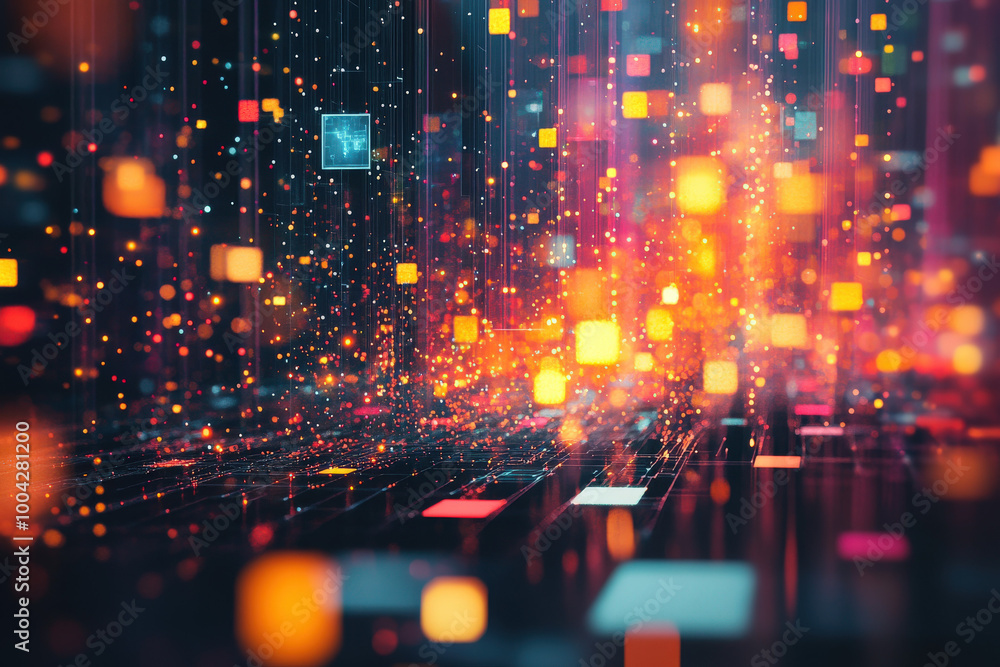 Poster a vibrant digital landscape filled with glowing squares and shimmering particles, creating a futuris