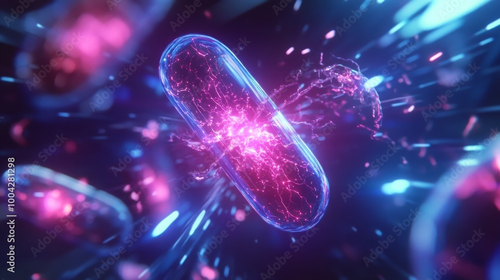 Poster Glowing capsules burst with vibrant particles in a captivating display of energy and color, creating a dynamic sensation in a deep cosmic setting, evoking a sense of wonder and exploration.