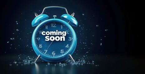Blue alarm clock displaying coming soon message on a dark background with water splashes