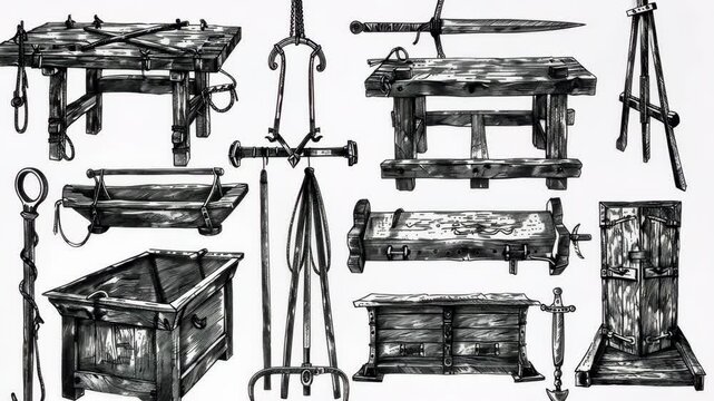 A detailed illustration of medieval torture devices, including a rack, a ducking stool, and a pillory