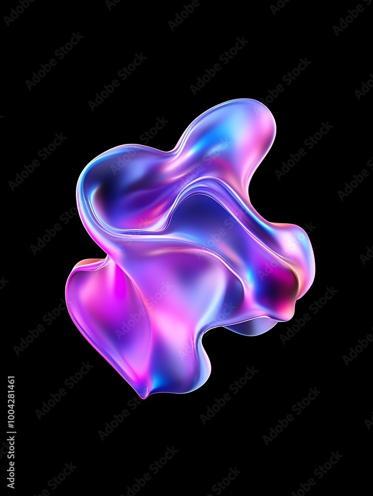 Poster abstract fluid shape in vibrant colors, showcasing smooth curves and dynamic forms against a black b