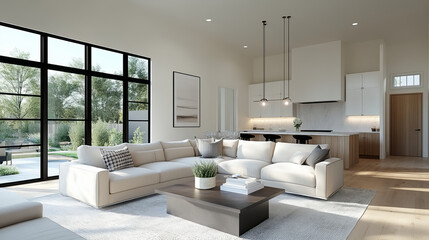 A modern living room featuring spacious white sectional sofa, sleek coffee table, and large windows that invite natural light. minimalist design creates serene atmosphere, perfect for relaxation