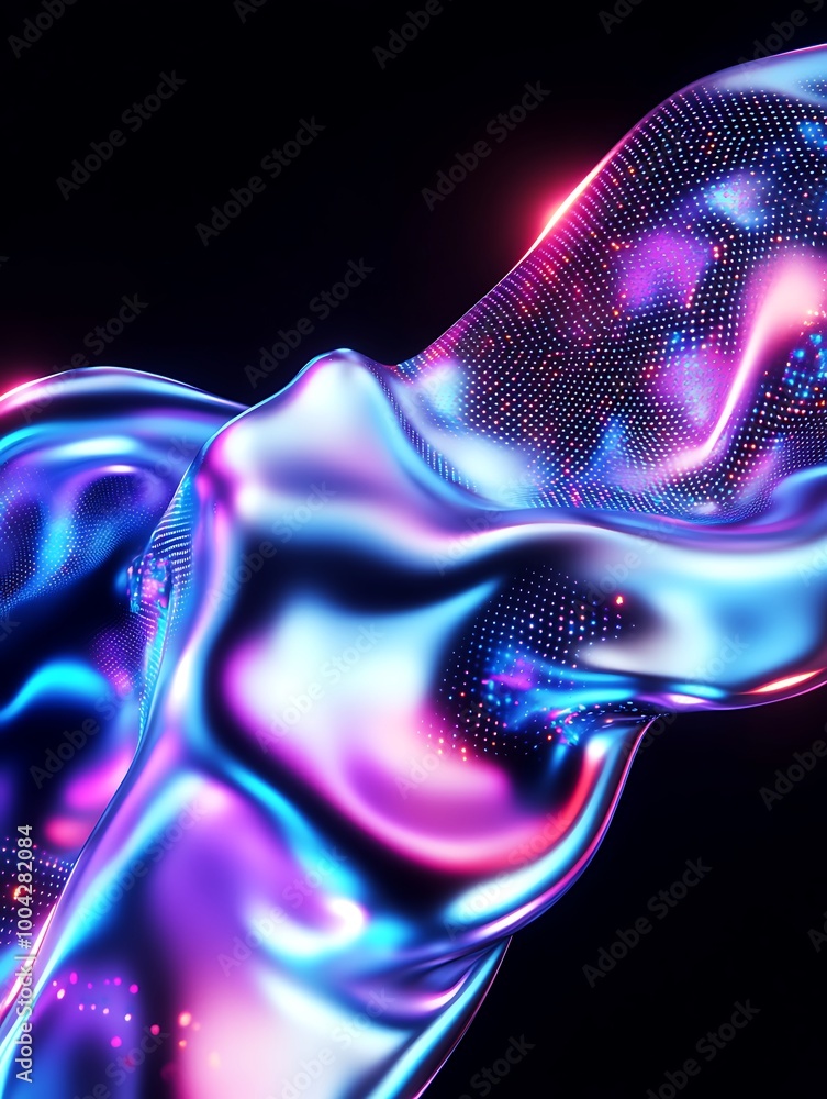Poster abstract fluid shape with vibrant colors on a black background, creating a dynamic and futuristic vi