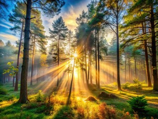 Obraz premium Enchanting Misty Morning in Forest with Sun Rays Illuminating Trees and Nature's Beauty