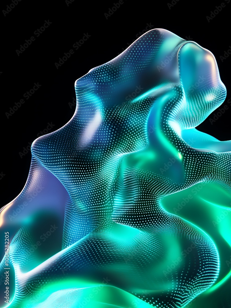 Poster abstract fluid shapes in vibrant blue and green tones on a black background, creating a visually cap