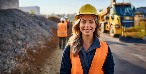 Woman working as a foreman, technician or engineer on a road construction site. Copy space