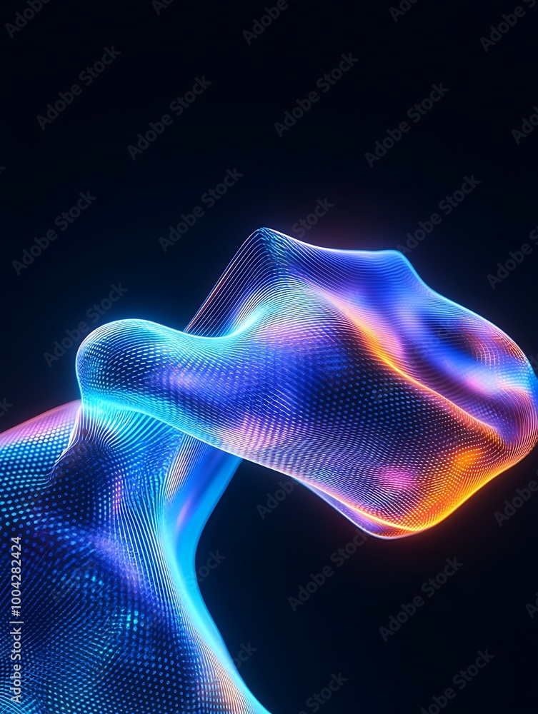 Poster abstract fluid shapes with colorful lighting on a dark background, creating a sense of depth and mov