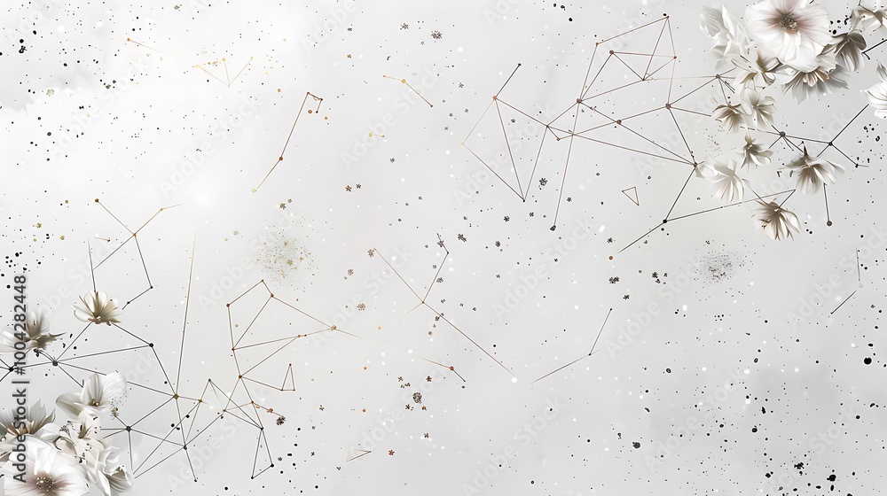 Poster abstract background with white flowers and a constellation-like pattern.