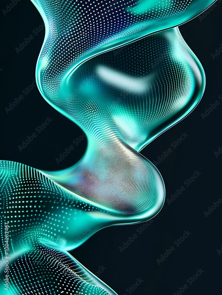 Poster Abstract fluid shapes in vibrant turquoise tones create a dynamic visual effect on a dark background. A minimalist poster in metallic and chrome gradient style.