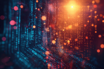 Vibrant digital landscape with glowing binary code shimmering in hues of blue and orange, evoking a sense of technological wonder. Generative AI