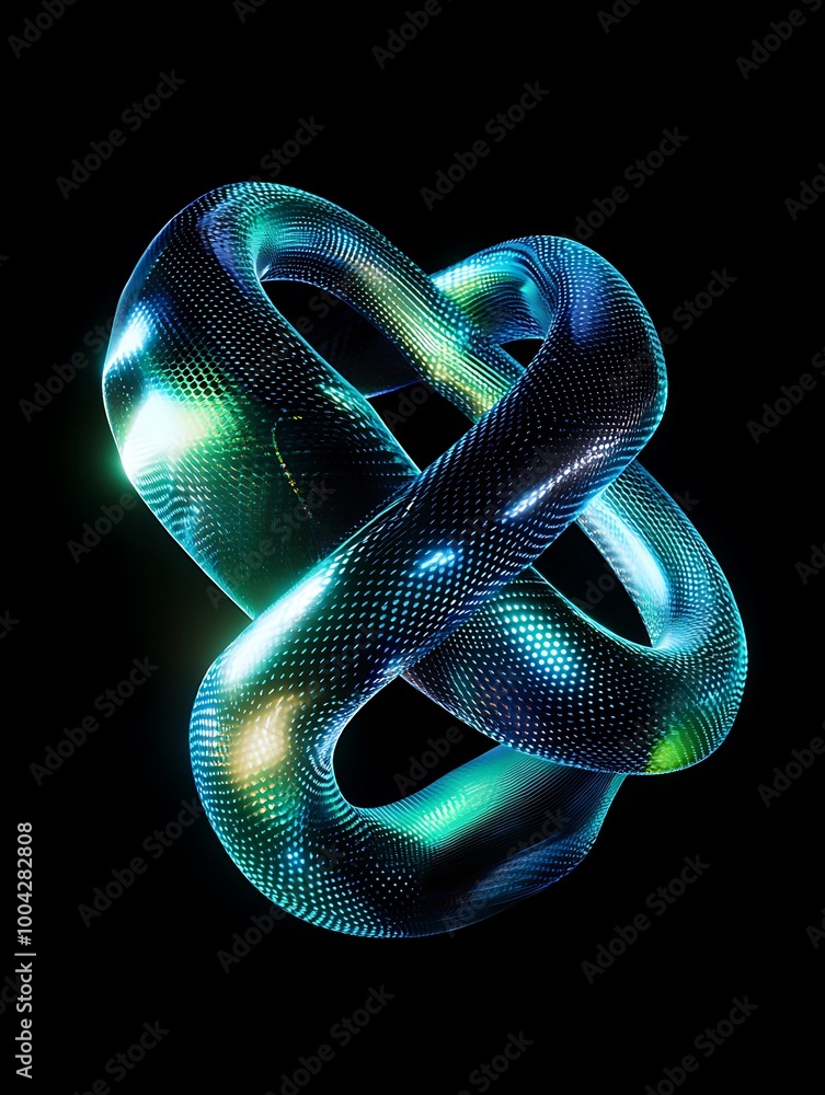 Poster abstract glowing 3d sculpture with intertwined shapes on a black background. a minimalist poster in 