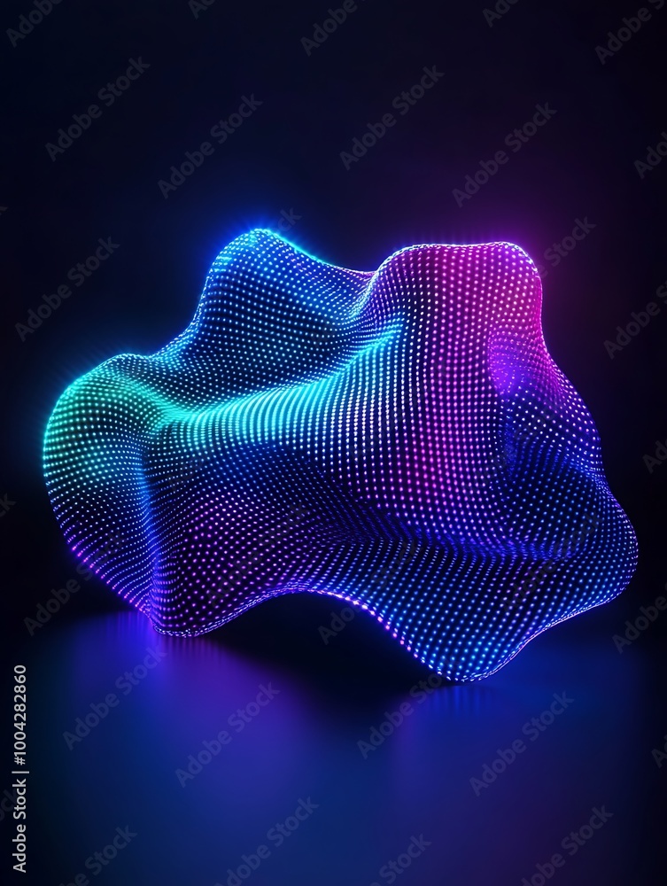 Poster abstract glowing 3d shape with vibrant colors on dark background. a minimalist poster in metallic an