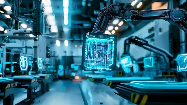 Advanced Robotic Arm with Holographic Display in High-Tech Factory

