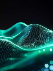 Abstract glowing digital wave with vibrant green highlights on a dark background. A minimalist poster in metallic and chrome gradient style.