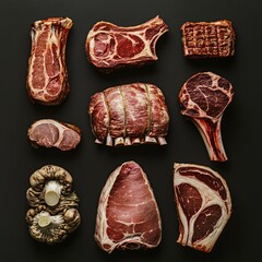 Fototapeta premium Raw lamb chops, pork chops, and pork meat isolated on white background, perfect for food illustration or meat icon collection