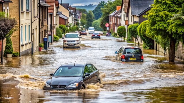 Street, water and floods from storm or rain with damage and car. Climate change, environment and hurricane with natural disaster, emergency and crisis for community