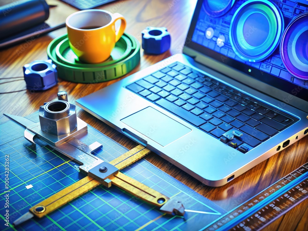Poster engineers desk with caliper testing mechanical components and cad software on laptop for quality con