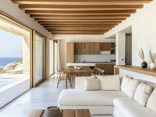 Fototapeta premium A large white couch is in the living room of a house