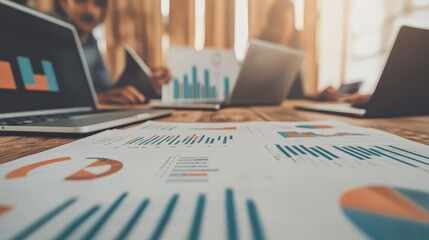 A professional meeting showcasing analytical reports and graphs on a wooden table with laptops in the background.