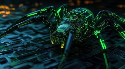 Fototapeta premium Advanced cyber spider with yellow-green lights