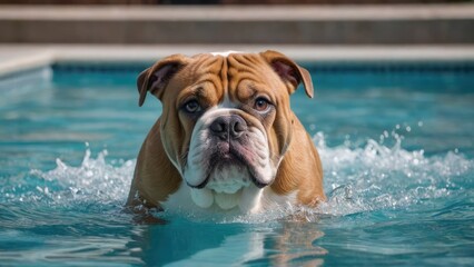 Red english bulldog in the swimming pool