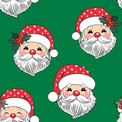 Santa Claus with snow and white ground, polka dot, vintage style pattern. Cute seamless Christmas holidays cartoon character background. Separate elements.