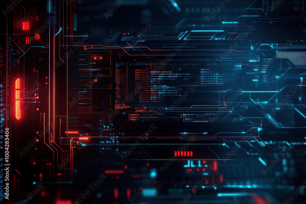 Poster exploring a futuristic digital landscape with vibrant blue and red circuitry illuminating an intrica
