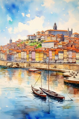 A beautiful watercolor drawing in neutral colors of Porto Portugal landscape