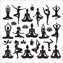 Big set of silhouettes of woman doing yoga exercises. Icons of girl stretching and relaxing her body in many different yoga poses on white background