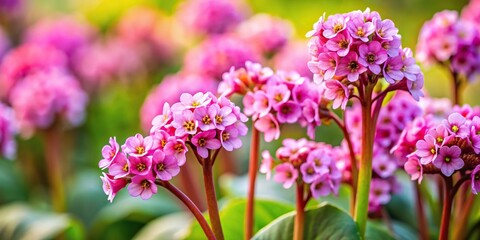 Pink flowers of Bergenia crassifolia in a spring garden