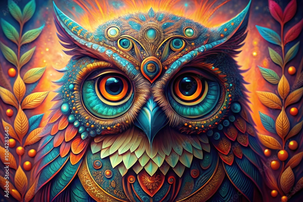 Poster enigmatic owl eyes abstract background with vibrant colors and intricate patterns for creative use