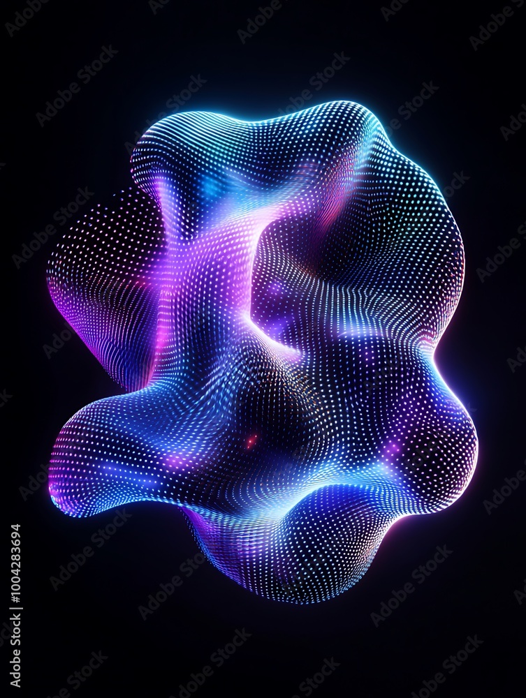 Poster abstract glowing mesh shape with vibrant colors on a black background. a minimalist poster in metall