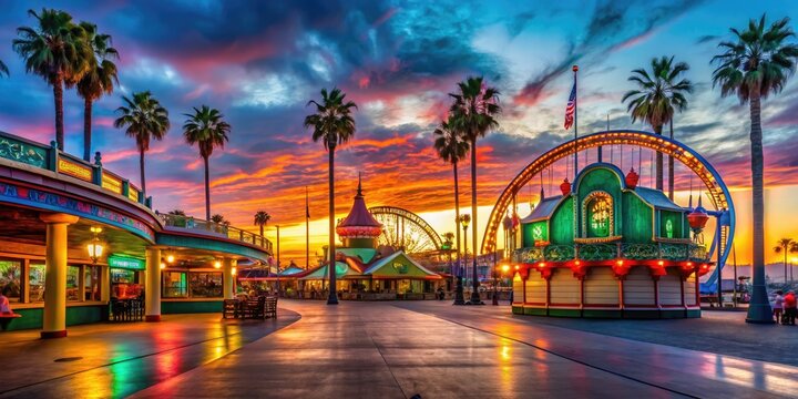 Entrance to Santa Cruz Boardwalk in Cold Morning Before Sunrise Vintage Amusement Park 2018