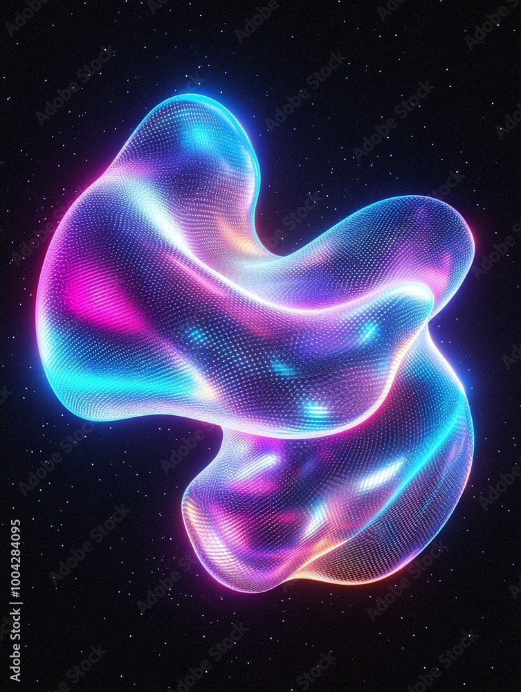 Poster abstract glowing shape in vibrant colors with a cosmic background. a minimalist poster in metallic a