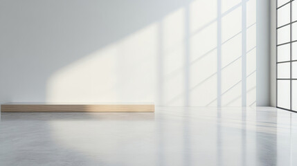 A spacious, minimalist interior featuring bright, empty room with large windows casting soft shadows on polished floor. simplicity evokes sense of calm and openness
