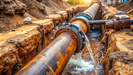 Leaking rusty water pipe in a construction trench, highlighting corrosion, pipe damage, and water leakage during underground infrastructure repair and maintenance
