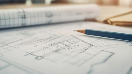A close-up of architectural plans with a pencil on top, showcasing intricate details and creativity in design.