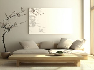 A white couch with pillows and a white coffee table