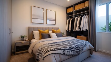 A cozy modern bedroom featuring stylish decor, a comfortable bed, and organized closet, perfect for a relaxing retreat.