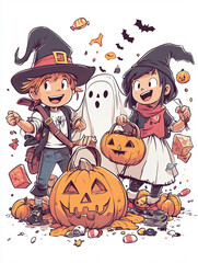 A fun cartoon illustration of three kids dressed in Halloween costumes: one as a pirate