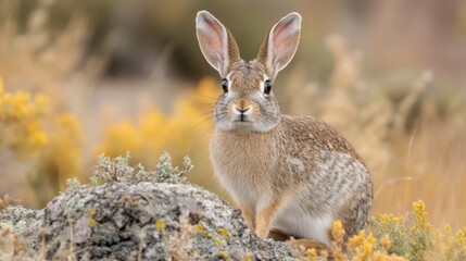 Obraz premium Rabbit sitting on a rock in a yellow flower field