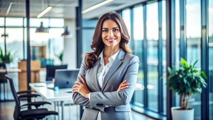Obraz premium Portrait of successful business woman inside office, standing with arms crossed