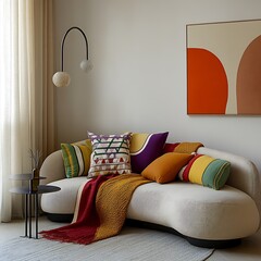  Contemporary interior design featuring a curved sofa, vibrant throw blankets, and geometric pillows, accented by a minimalist hanging lamp. 