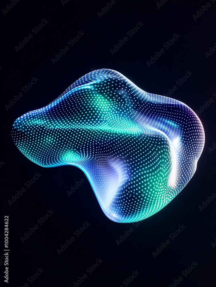 Poster abstract glowing shape with vibrant colors on a dark background. a minimalist poster in metallic and