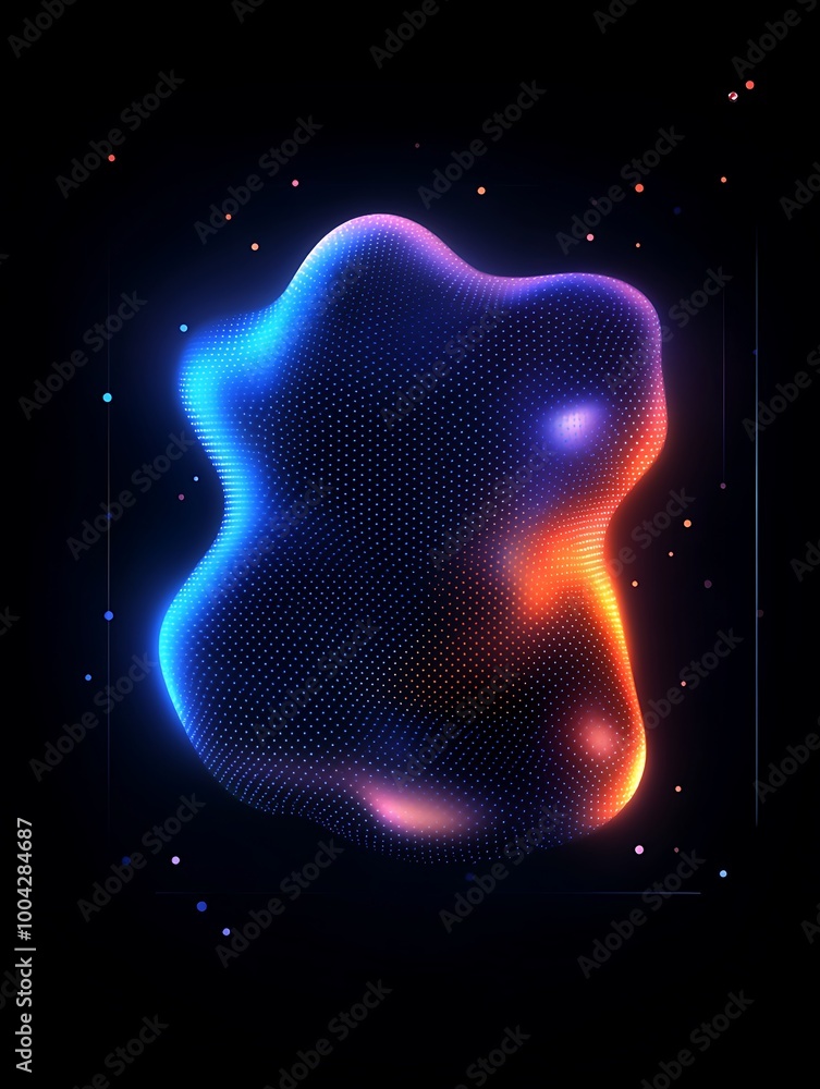 Poster abstract glowing shape with vibrant colors, set against a dark background, creating a modern digital
