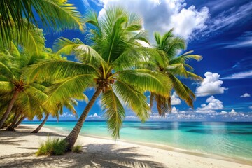 Obraz premium Exotic Tropical Beach Landscape with Palm Trees, Clear Blue Sea, and White Sand under Sunny Sky