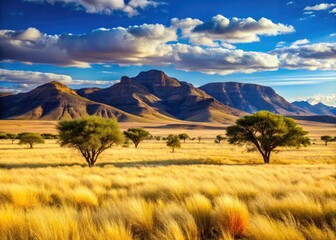 Fototapeta premium Expansive African Savanna Landscape with Wild Grasslands and Majestic Mountains in Namibia, South Africa