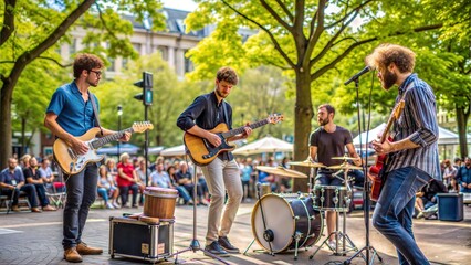 Music band live performance on city street outdoor. Drums and guitar musical instrument musician, entertainment festival show, park, artist, event