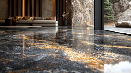 polished granite surface reflecting ambient light showcasing the stunning natural patterns and elegance of stone creating a sense of depth and sophistication in the composition