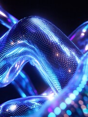 Abstract glowing wave of blue neon light with a smooth, flowing surface on a dark background. A minimalist poster in metallic and chrome gradient style.